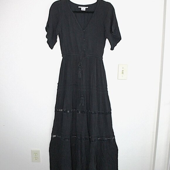 O'NEILL Dress Women's Size Small Black Maxi Layered Flutter Sleeve Tie Waist - Picture 1 of 12